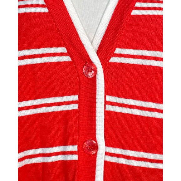 Isaac Mizrahi Sz L Long Duster Cardigan V-Neck Long Sleeve Red/White Stripe New - Picture 5 of 11
